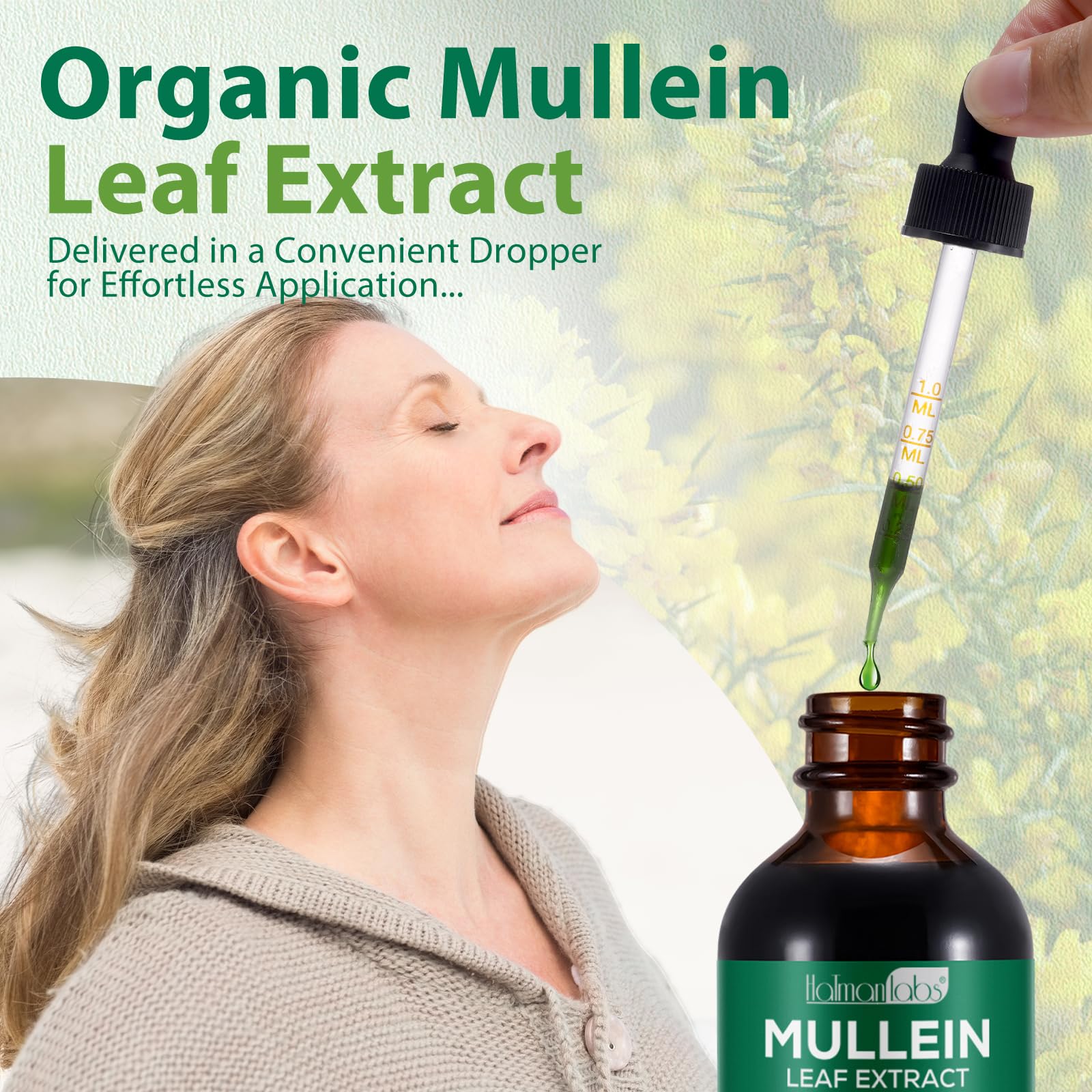 Natural ingredients and mullein drops bottle