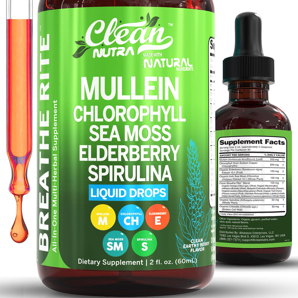 Bottle of Mullein Drops for lungs with sea moss and spirulina
