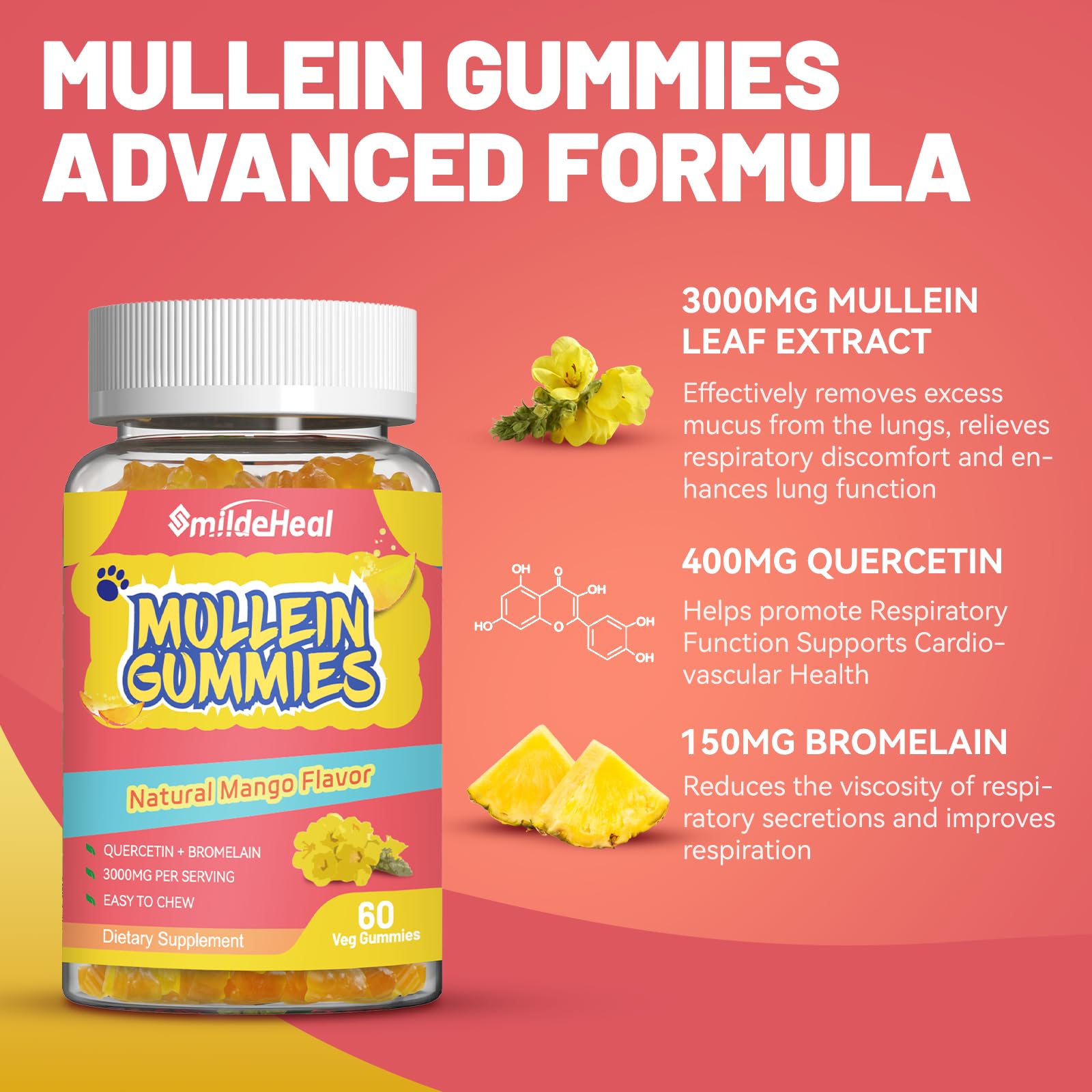 Vegan, non-GMO, gluten-free labeling on Mullein Gummies