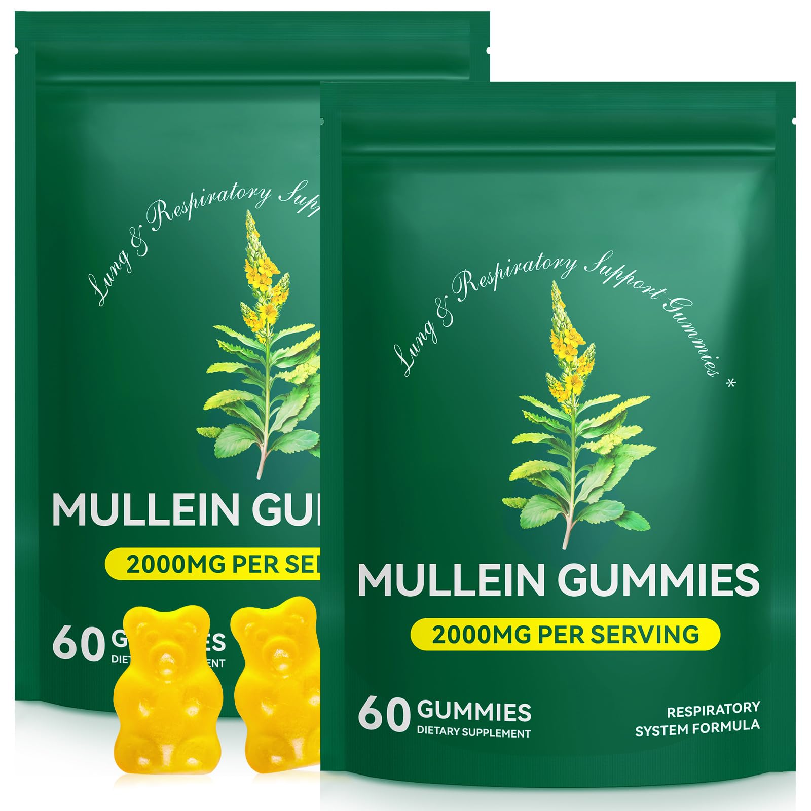 Bottle of Mullein Gummies for Lung Detox with gummies on white