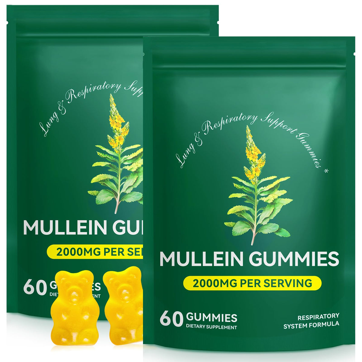 Bottle of Mullein Gummies for Lung Detox with gummies on white