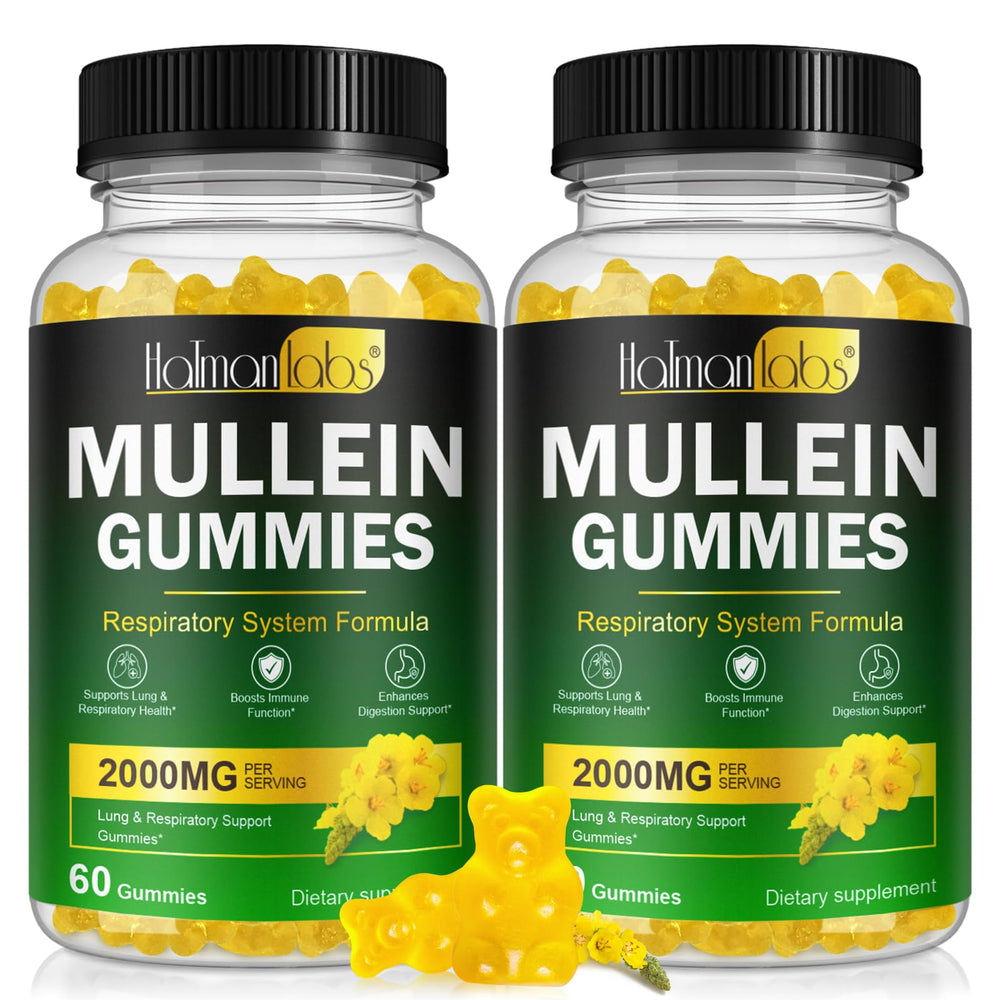 Bottle of 120 count mullein gummies for lungs with pear flavor