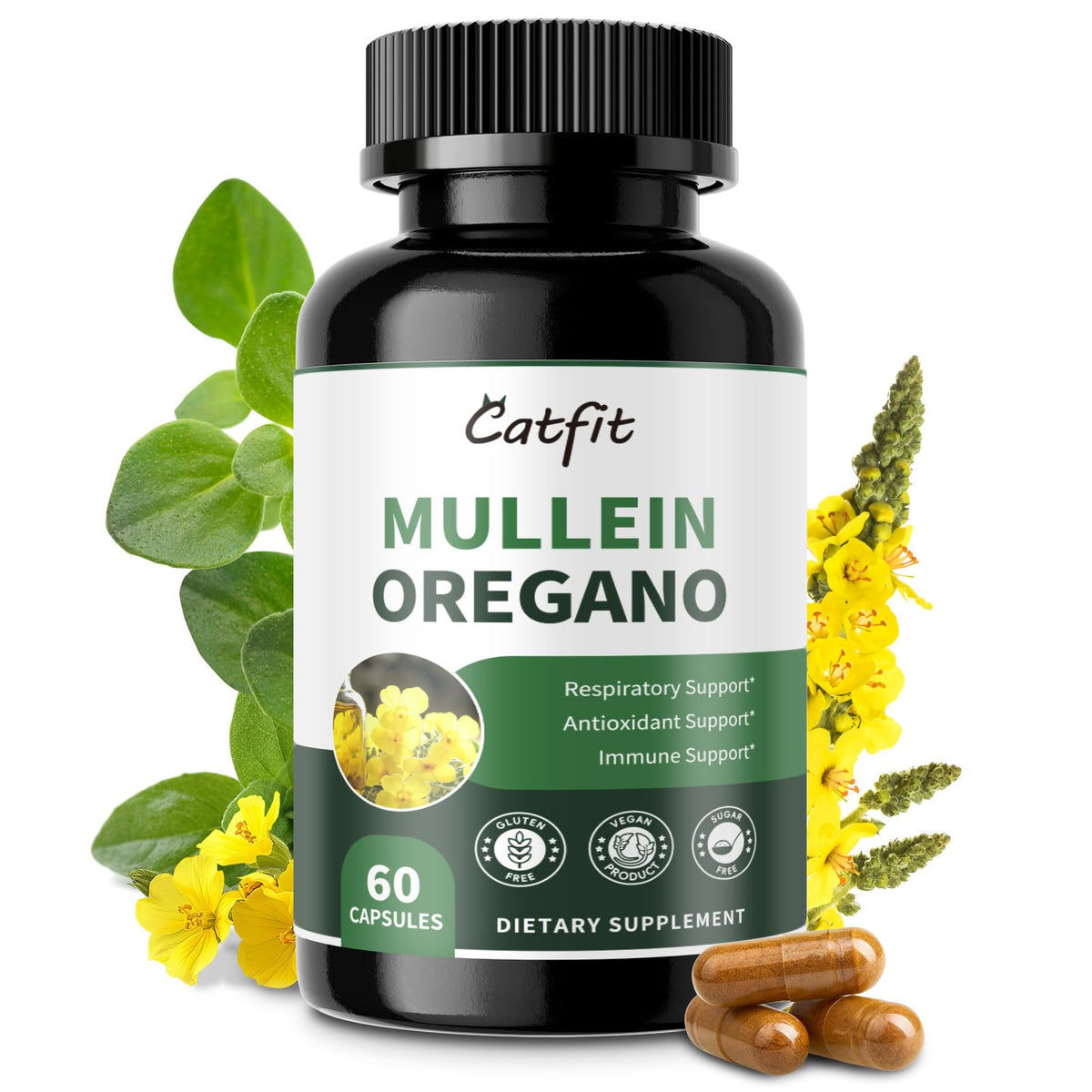Front view of Mullein Oregano Oil Capsules bottle