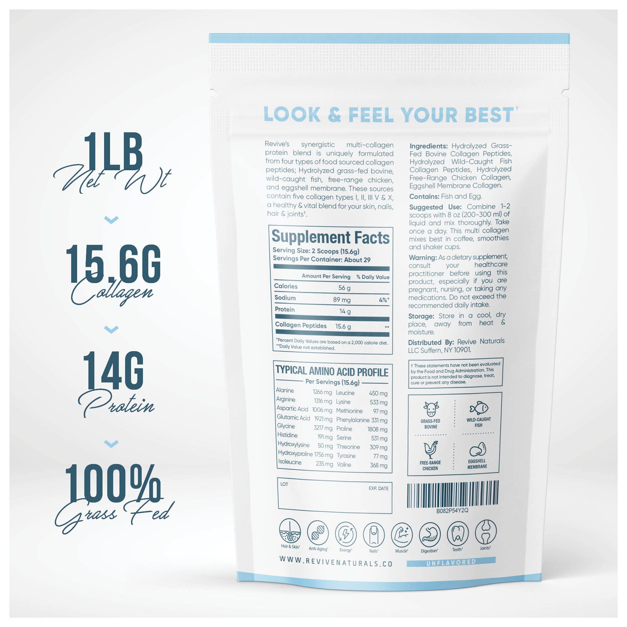 Collagen sources collage showing grass-fed bovine, wild-caught marine, free-roaming chicken and eggshell membrane