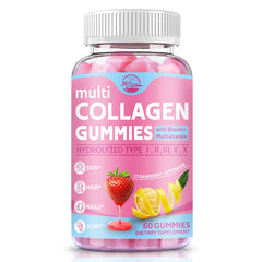 Bottle of Multi Collagen Peptides Gummies with Biotin and Hyaluronic Acid on white background