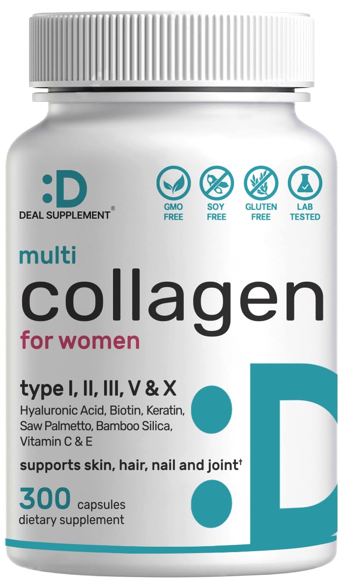 Front bottle view of Multi Collagen Pills with Vitamin C, E & Biotin (300 capsules)