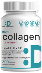 Front bottle view of Multi Collagen Pills with Vitamin C, E & Biotin (300 capsules)