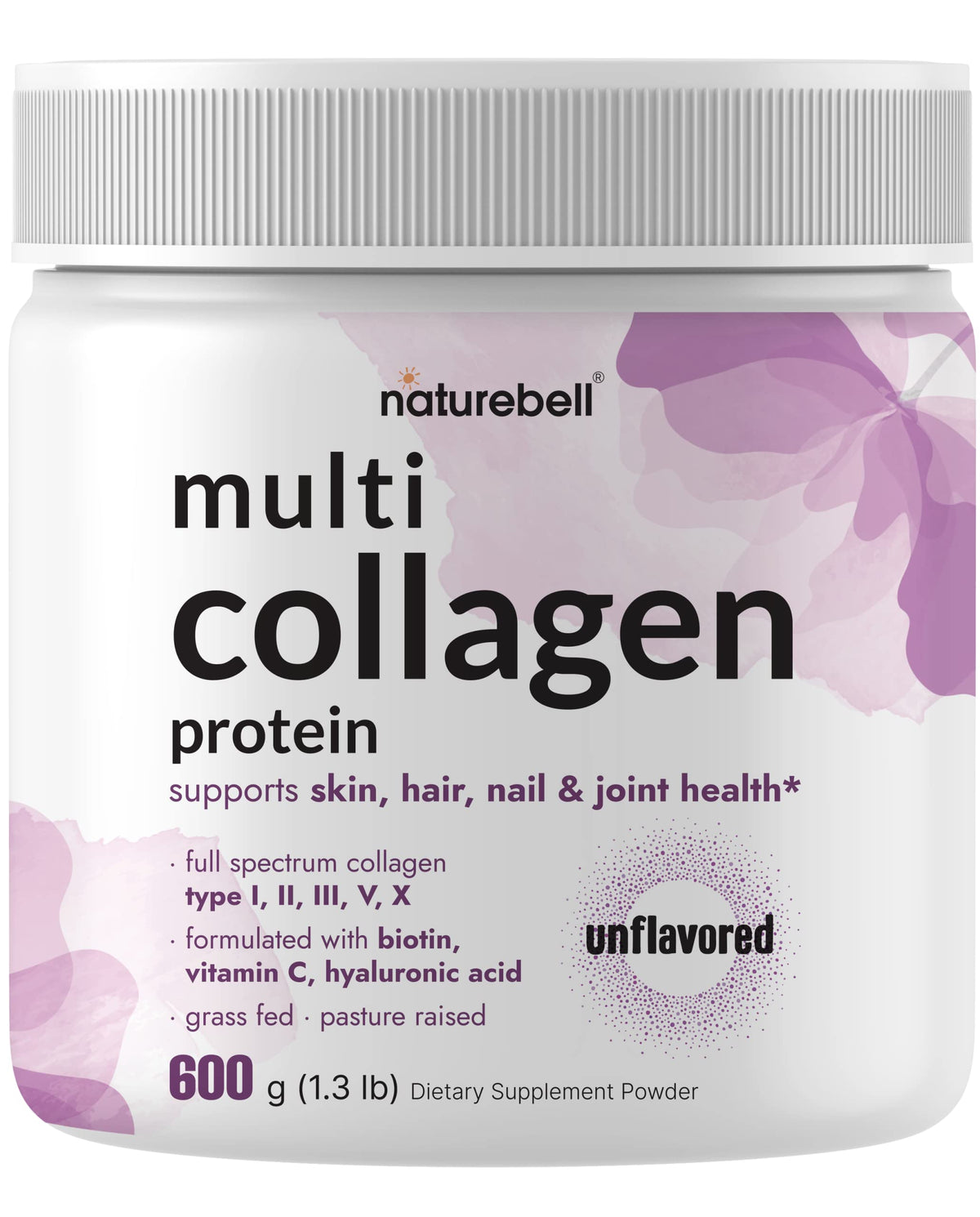 Front view of Multi Collagen Protein Powder 600g container with label