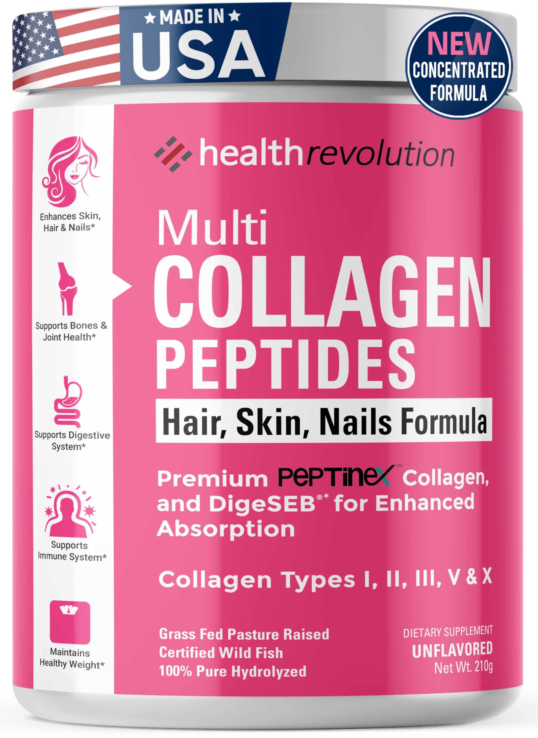 Front view of Multi Collagen Protein Powder bottle (210g)