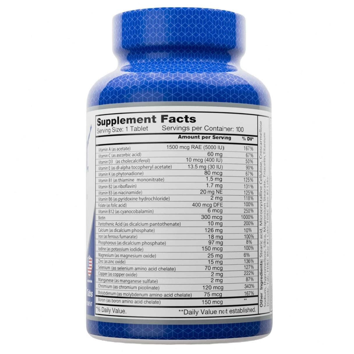 Side view of Multi Men 100 Tablets bottle label