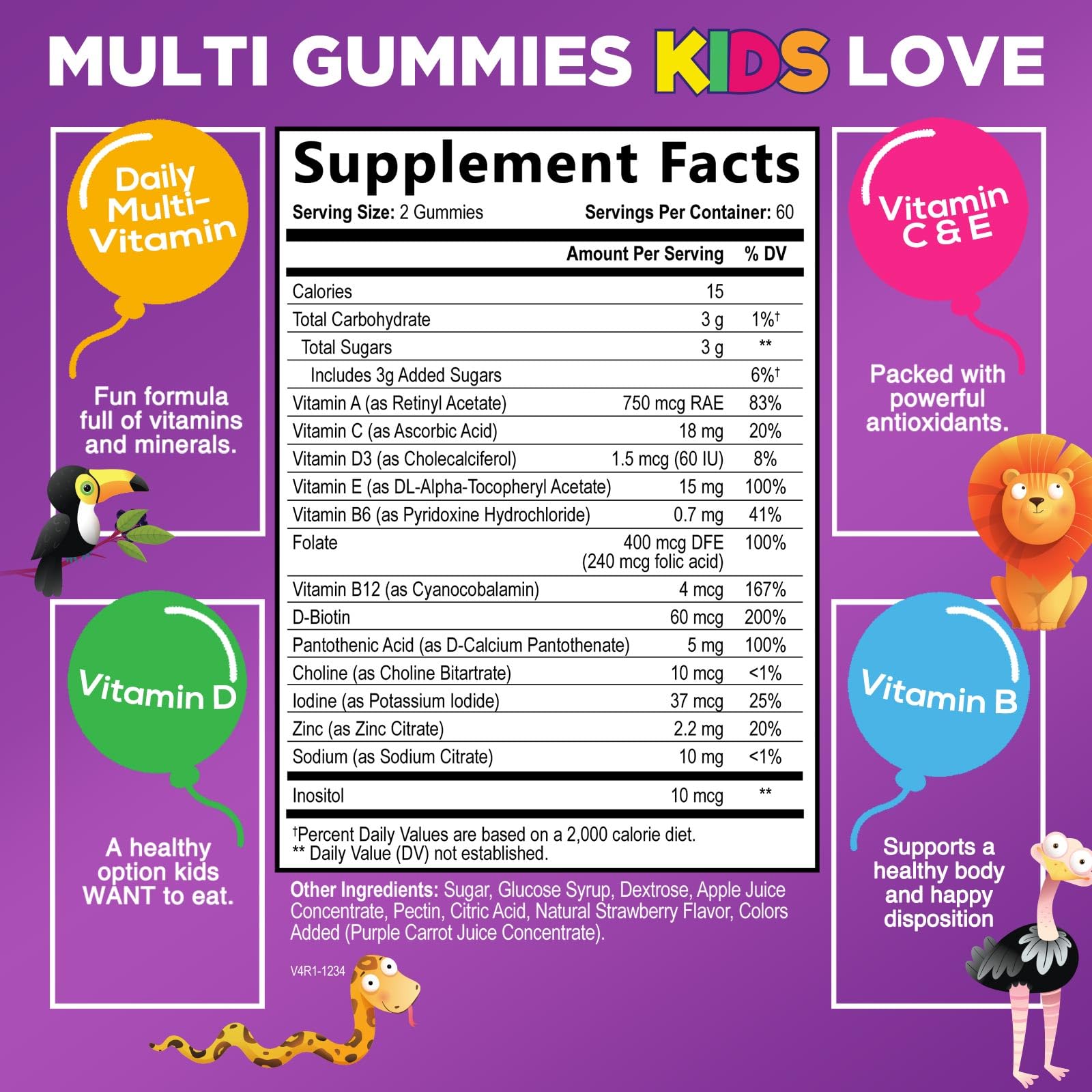 Close-up of berry-flavored kids vitamins gummies