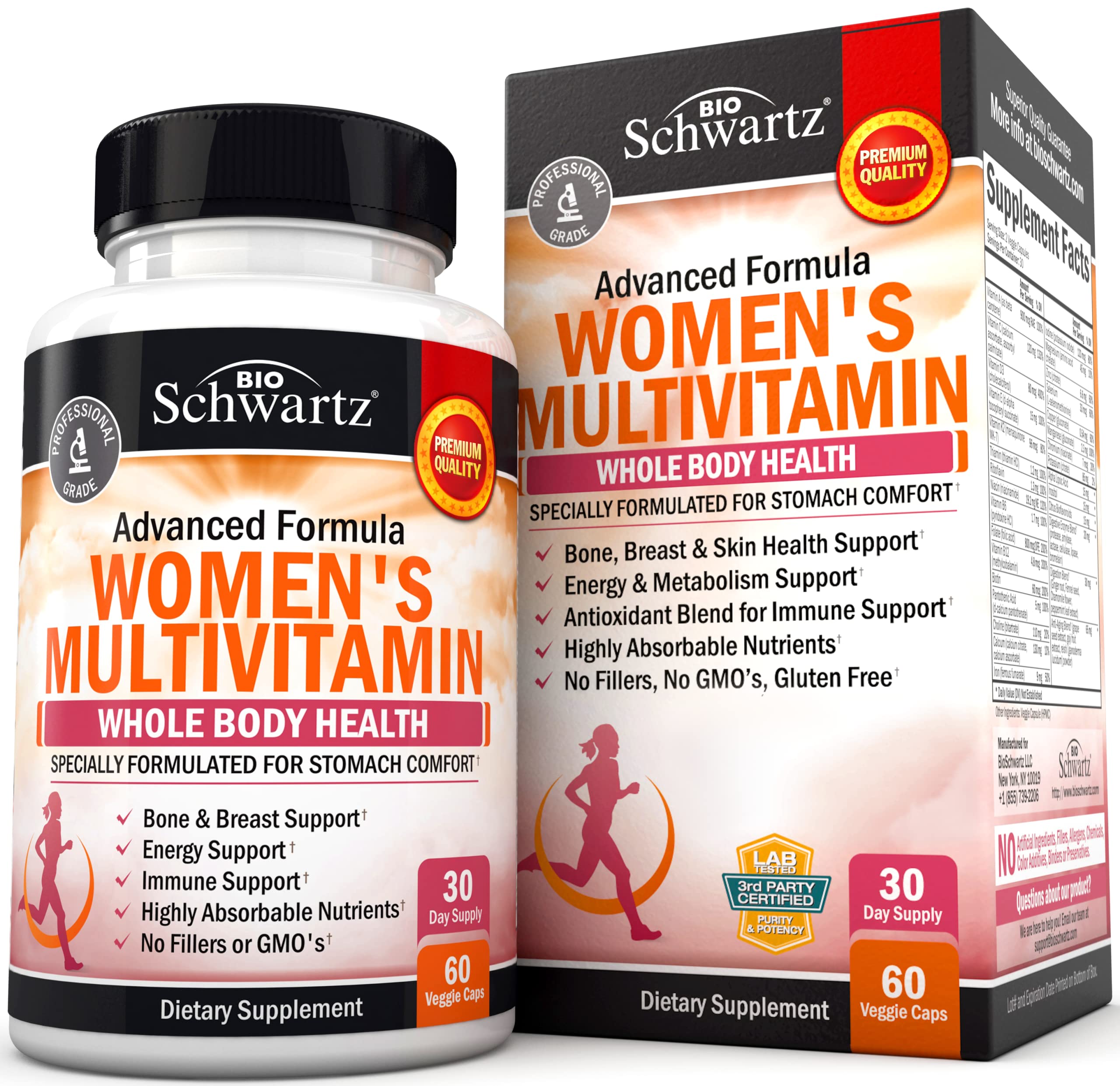 Front view of BioSchwartz Multivitamin for Women with Vitamin D3, 60-count bottle