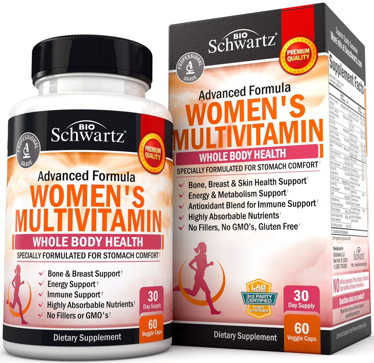 Front view of BioSchwartz Multivitamin for Women with Vitamin D3, 60-count bottle