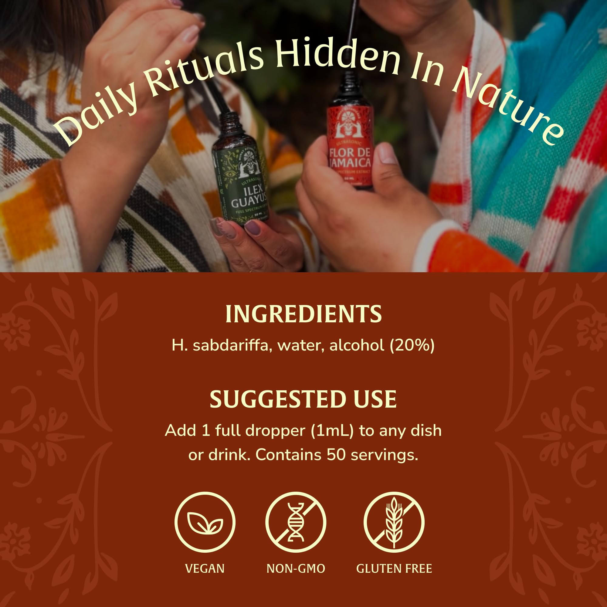 Munay Botanicals Hibiscus Extract hot tea cup showing convenient no-steep addition