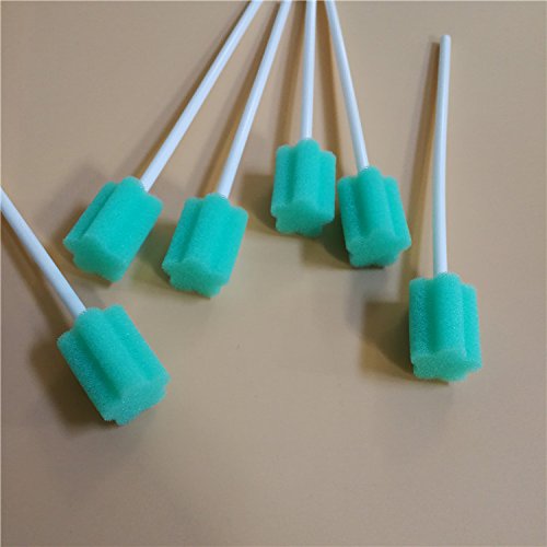 Individually wrapped green mouth swabs in a 100-count pack