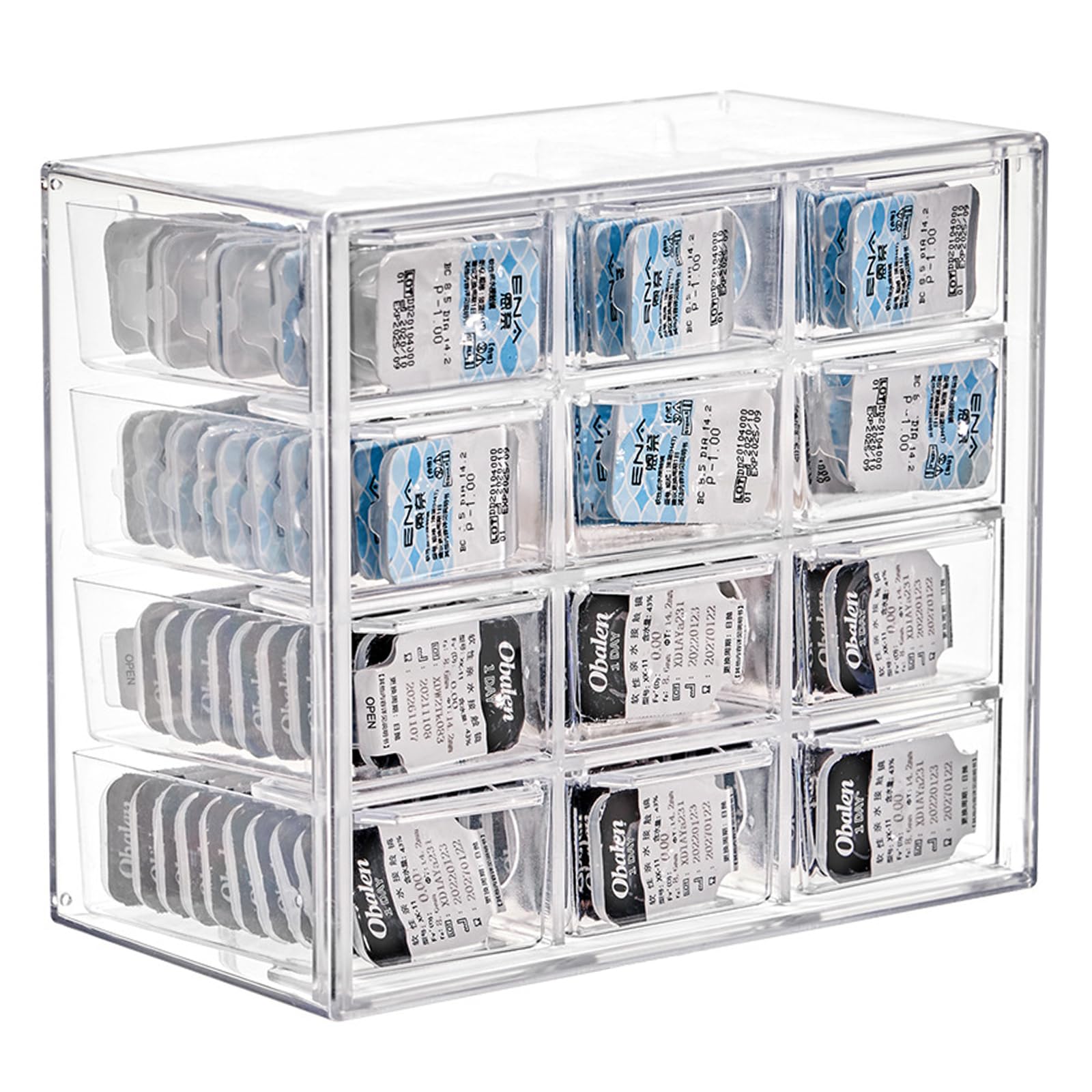 MUQING 12-grid daily contact lens case storage box with open drawer design
