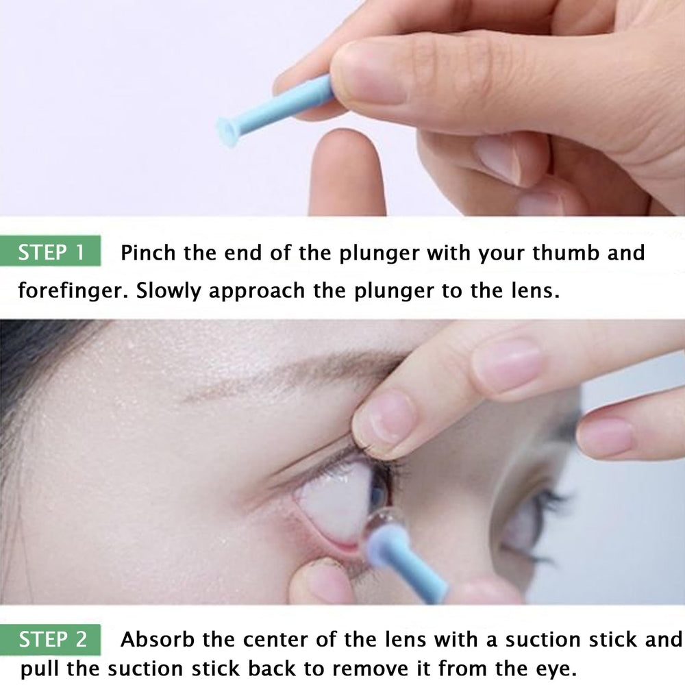 Blue silicone suction cup lens remover being used on a contact lens
