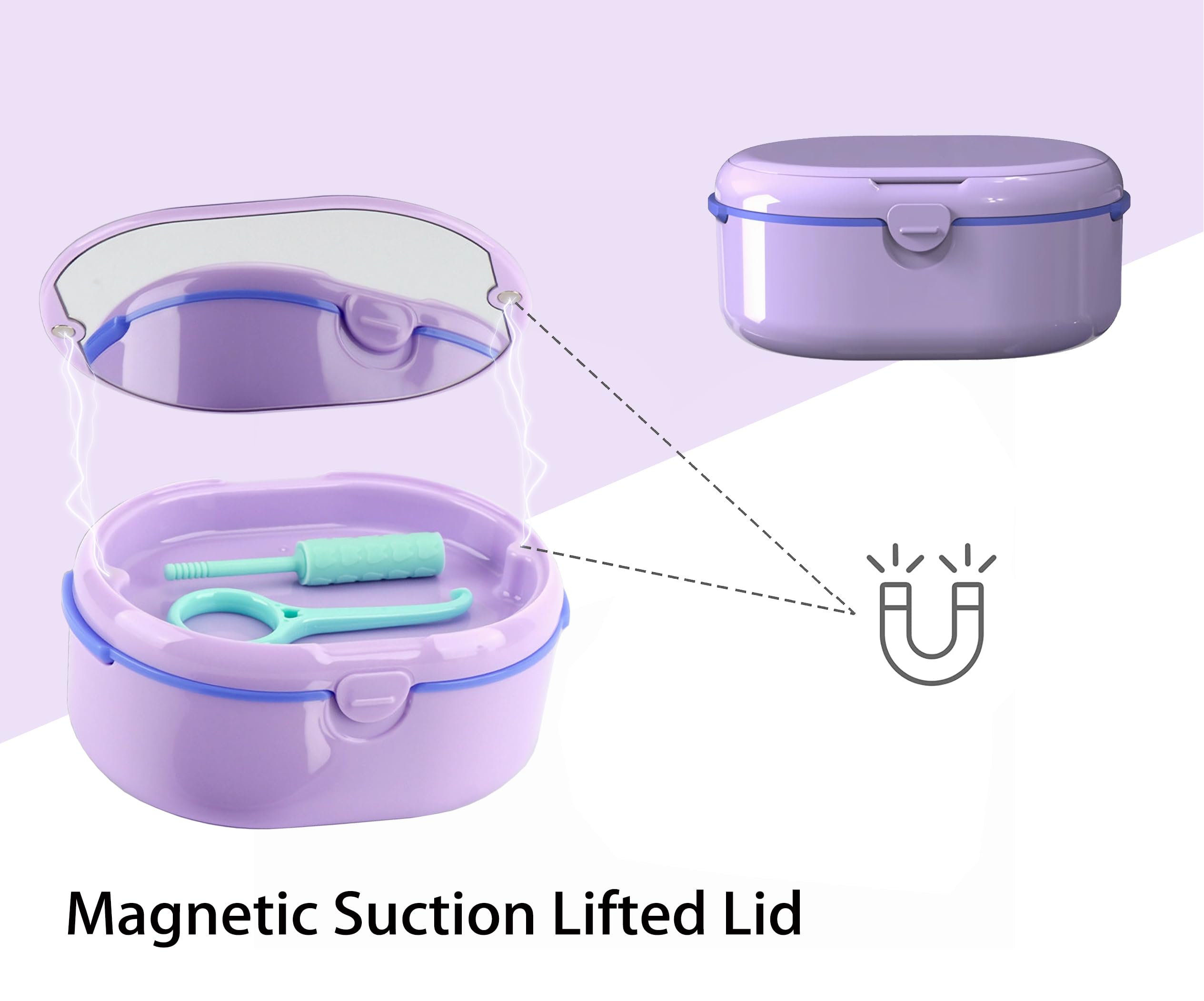 Close-up of drain tray in the purple denture bath box