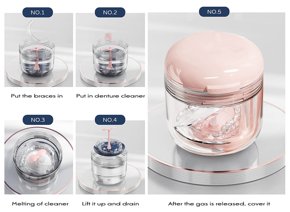Packaging contents: case, strainer basket, extractor, and brush in pink