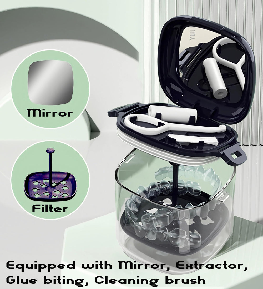 Contents shown: biting tool, extractor, and brush included with denture case