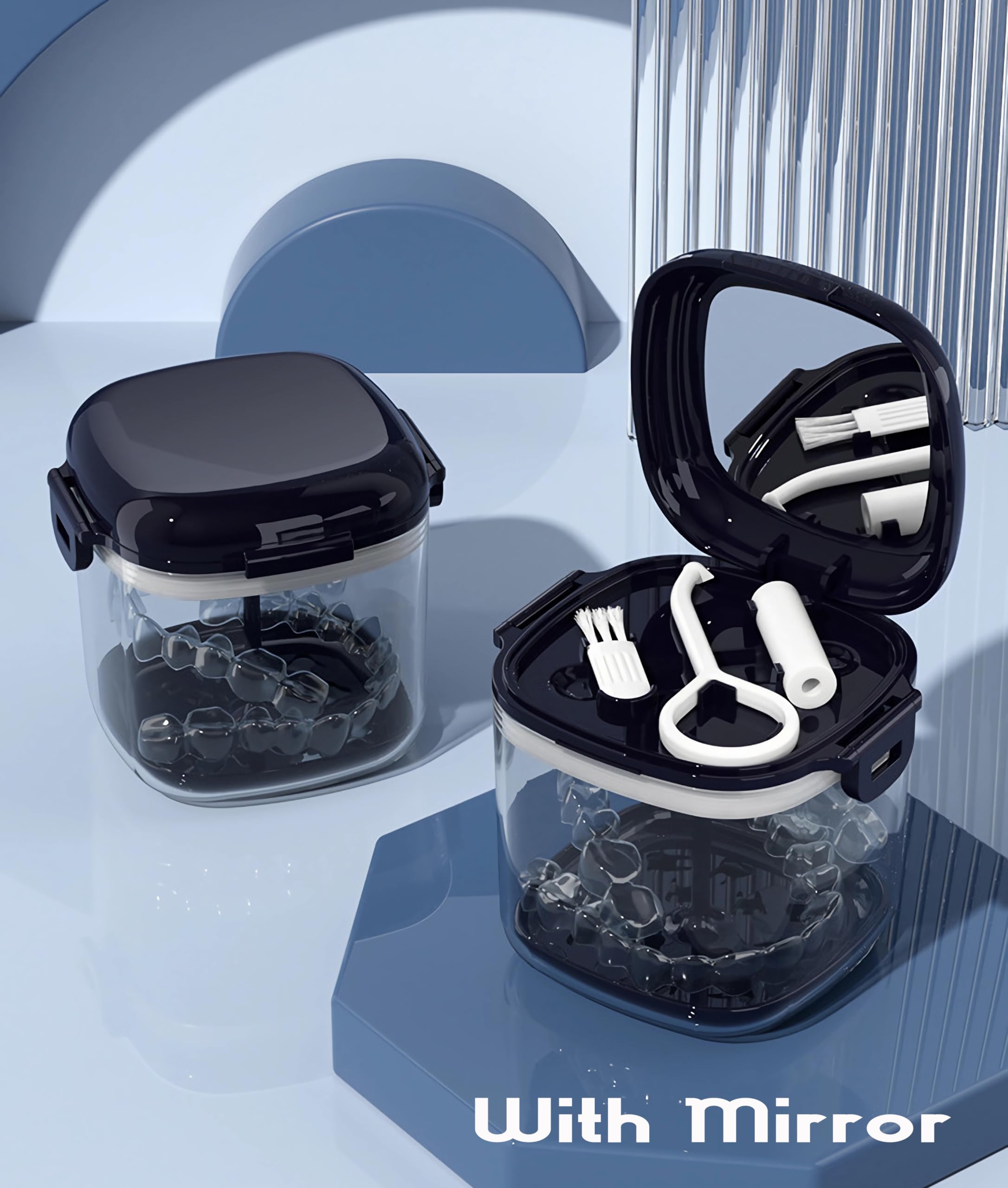 Travel-friendly denture storage container in blue