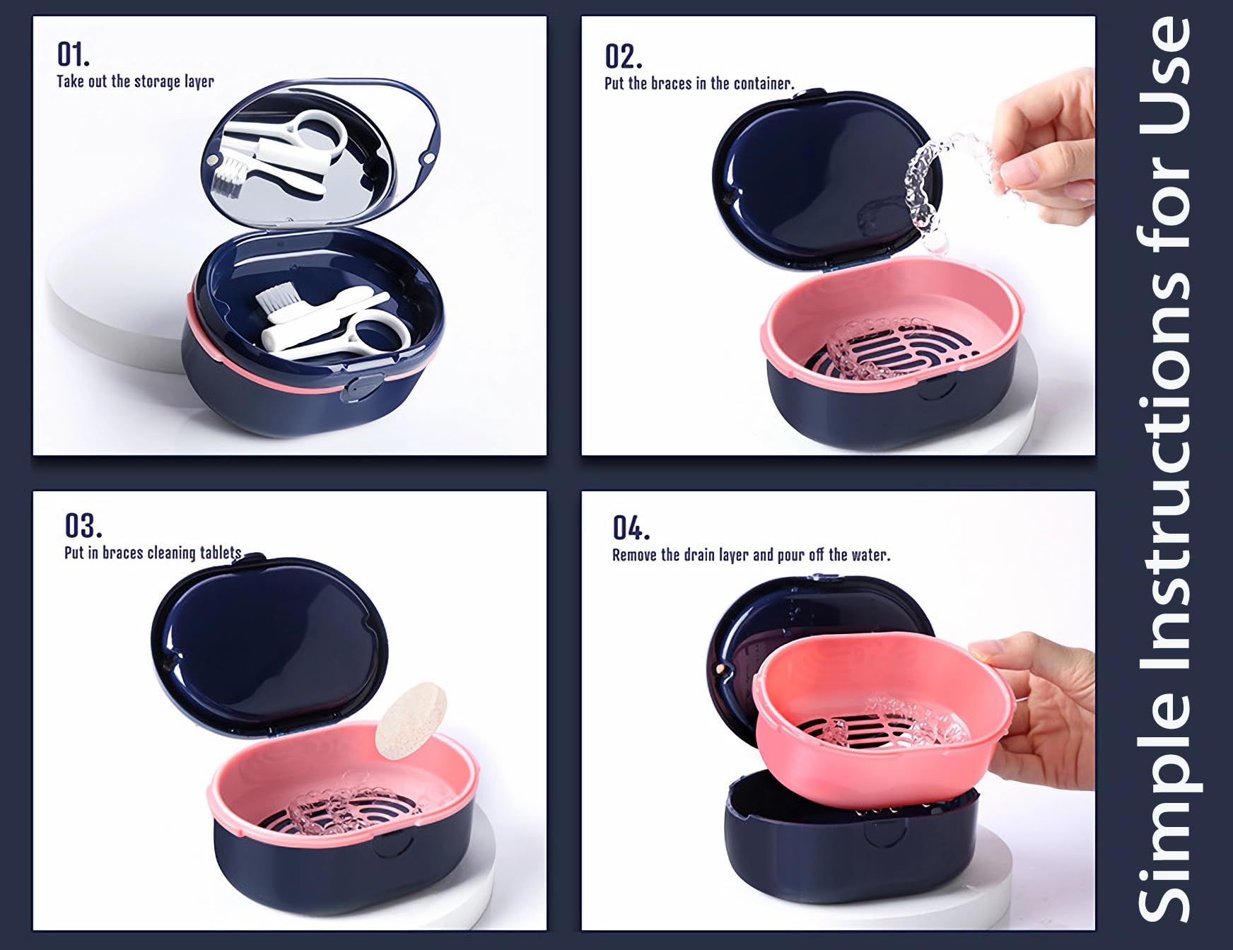 Denture case packaging showing mirror, strainer basket, extractor, and brush