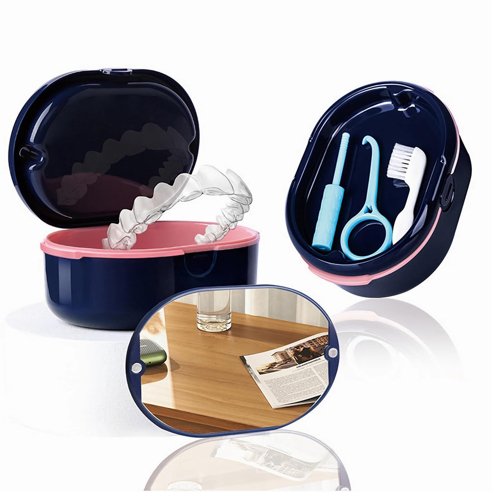 Portable, compact denture holder in dark blue for travel