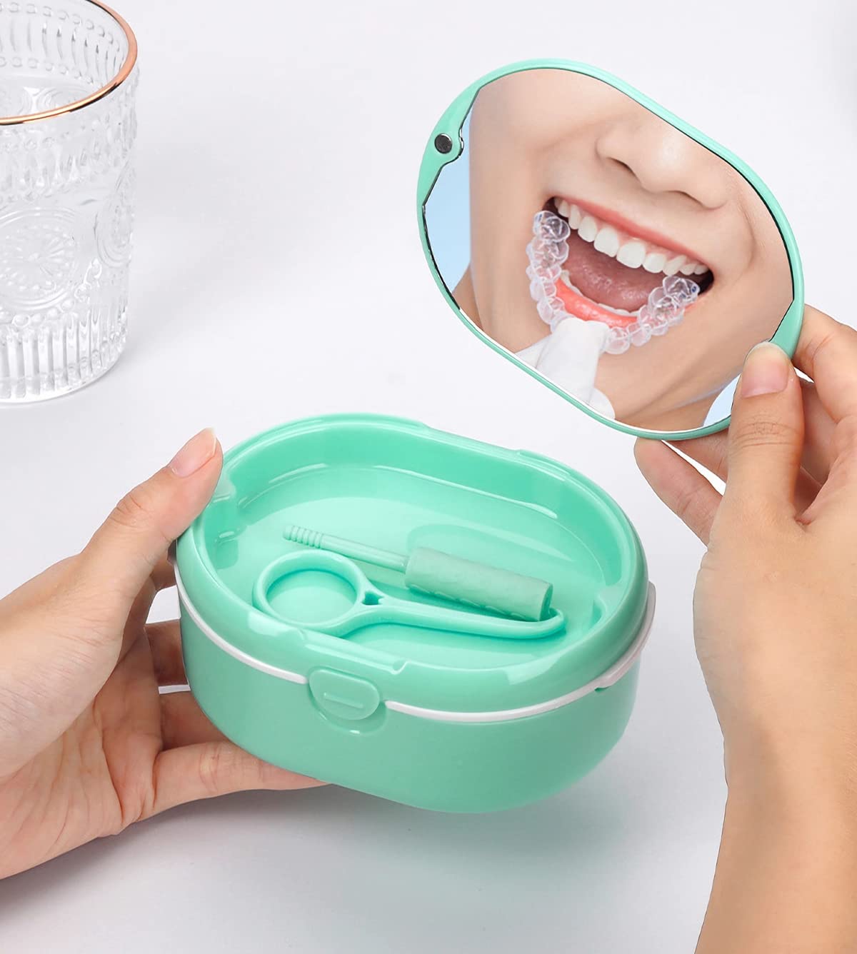 Mouth guard case and braces cleaner cup in travel-friendly design