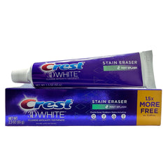 Close-up of Crest 3D White Stain Eraser toothpaste packaging