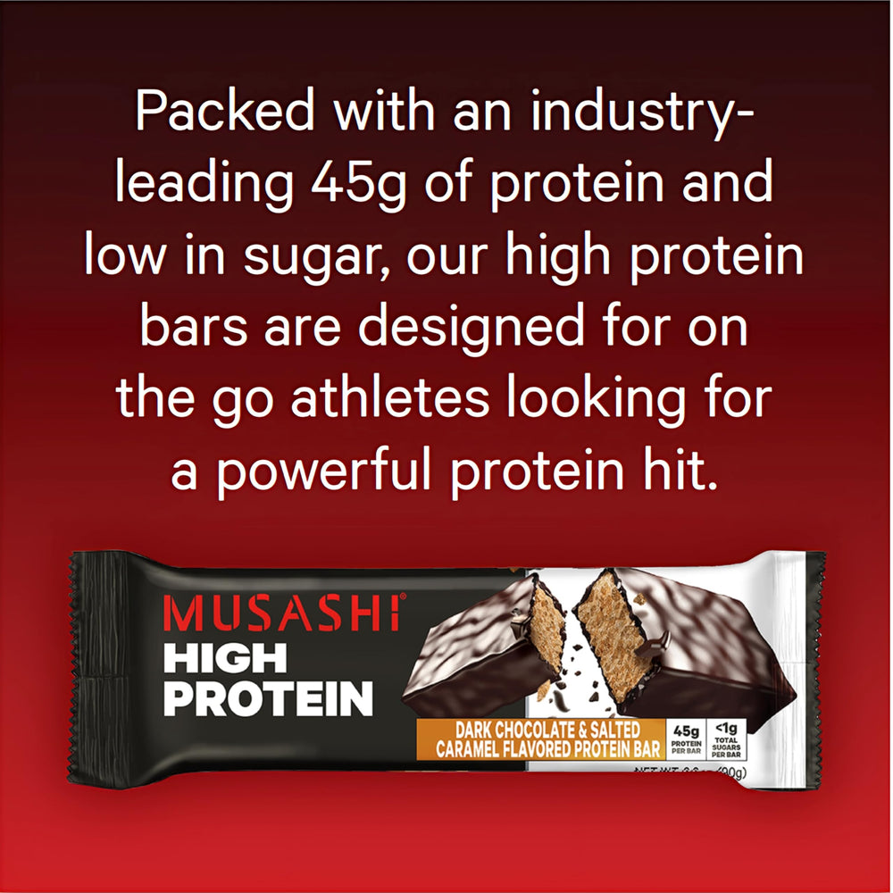 Close-up of MUSASHI bar in dark chocolate flavor