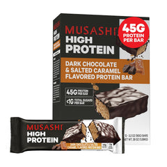 Front view of MUSASHI 12-pack box (90g bars) Dark Chocolate & Salted Caramel flavor