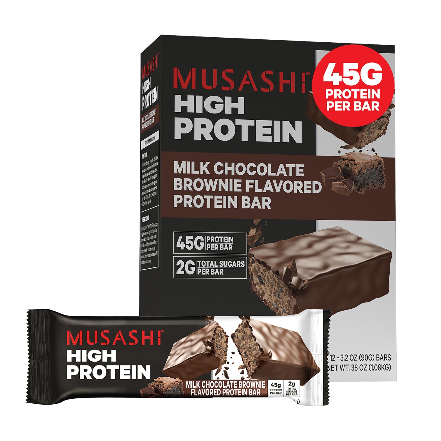 Front view of MUSASHI High Protein Bar Milk Chocolate Brownie 12-pack, 90g bars
