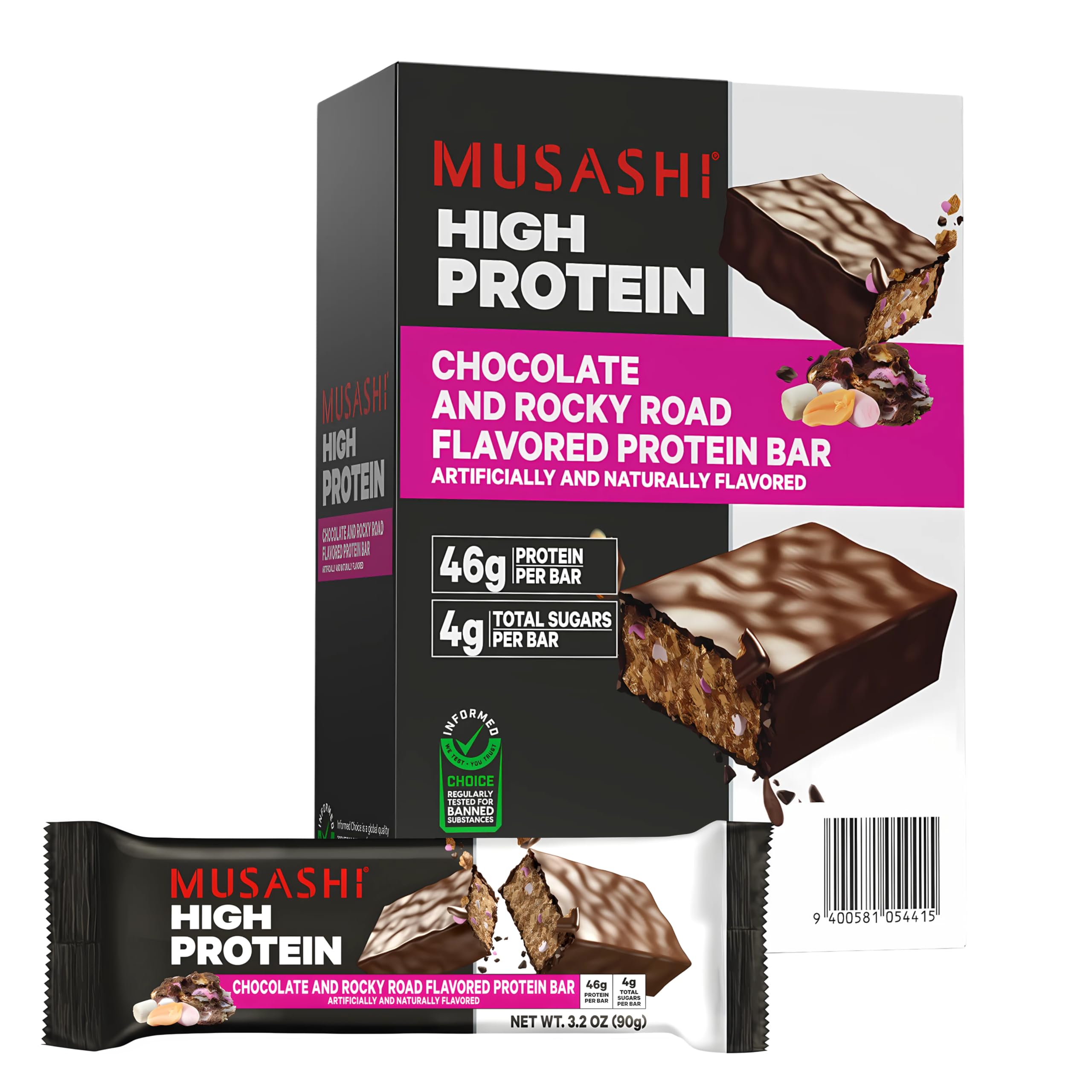 MUSASHI Rocky Road high protein bar packaging 90g