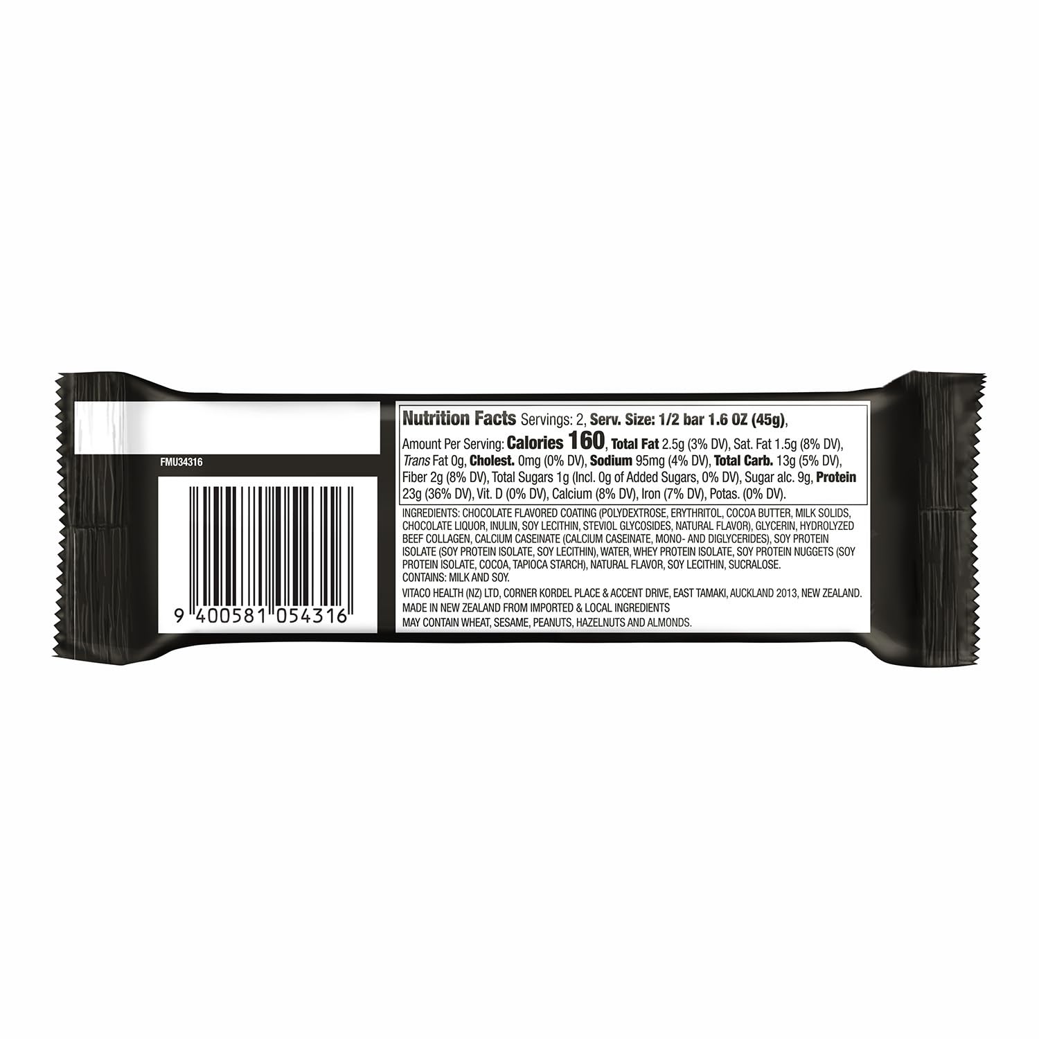 Nutrition facts panel showing 46g protein per bar