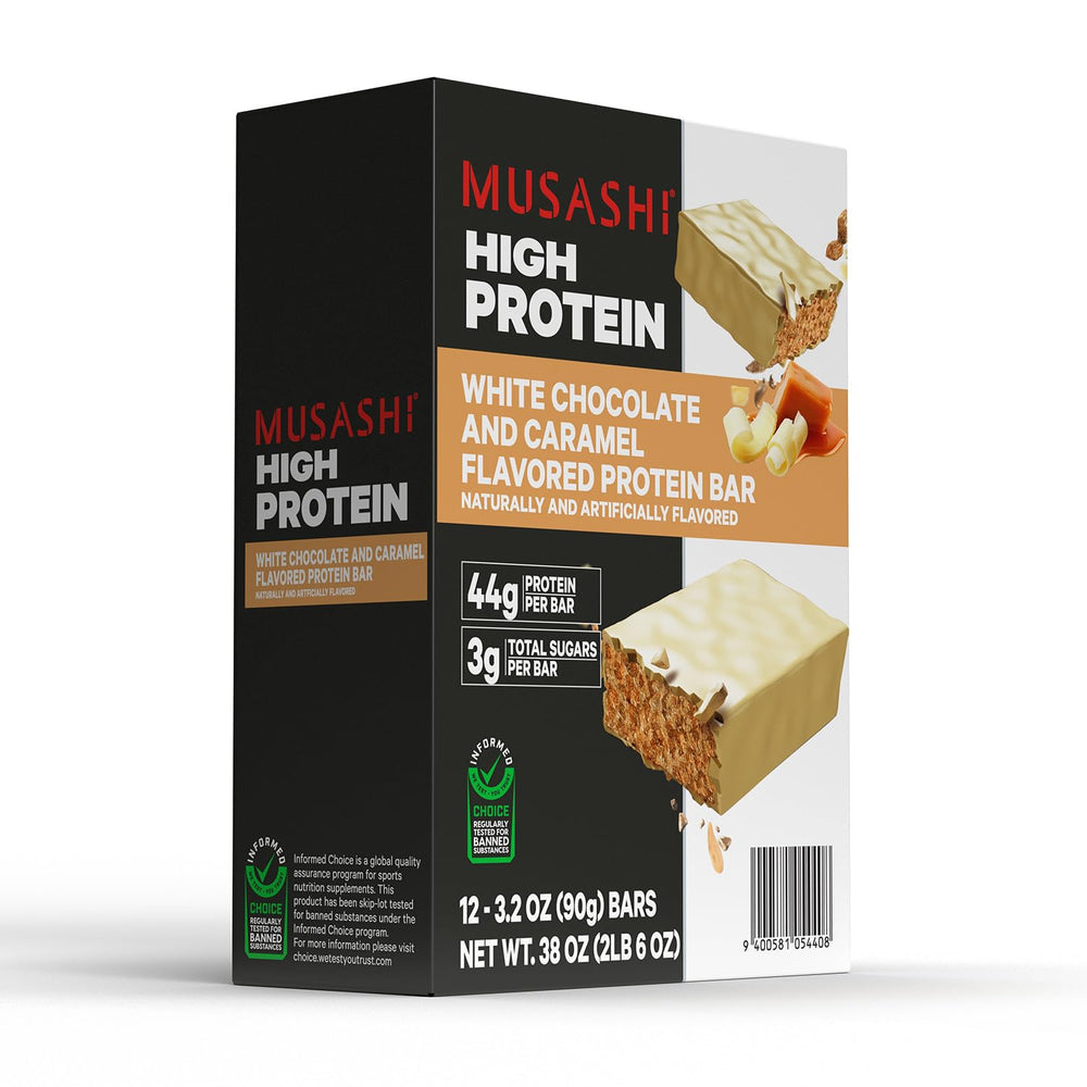 12-pack box of MUSASHI White Chocolate Caramel bars
