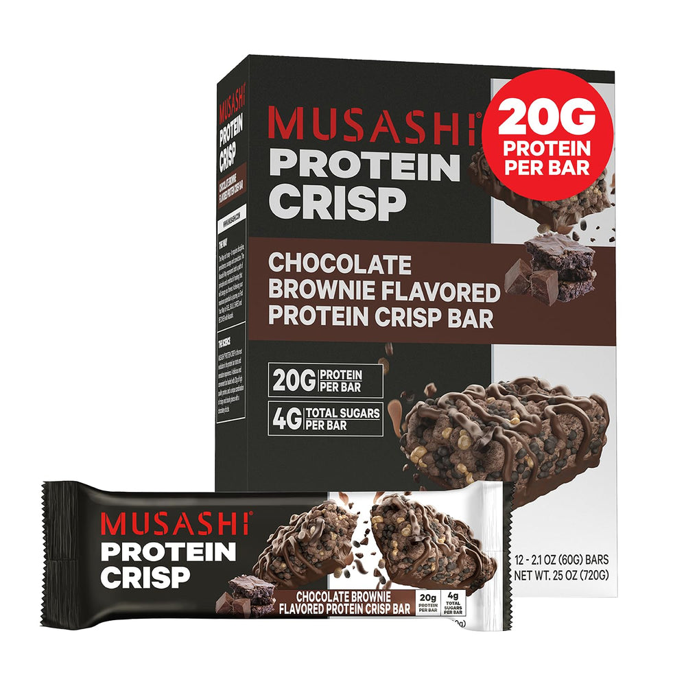 Front view of MUSASHI Protein Crisp Bar Chocolate Brownie 12-pack