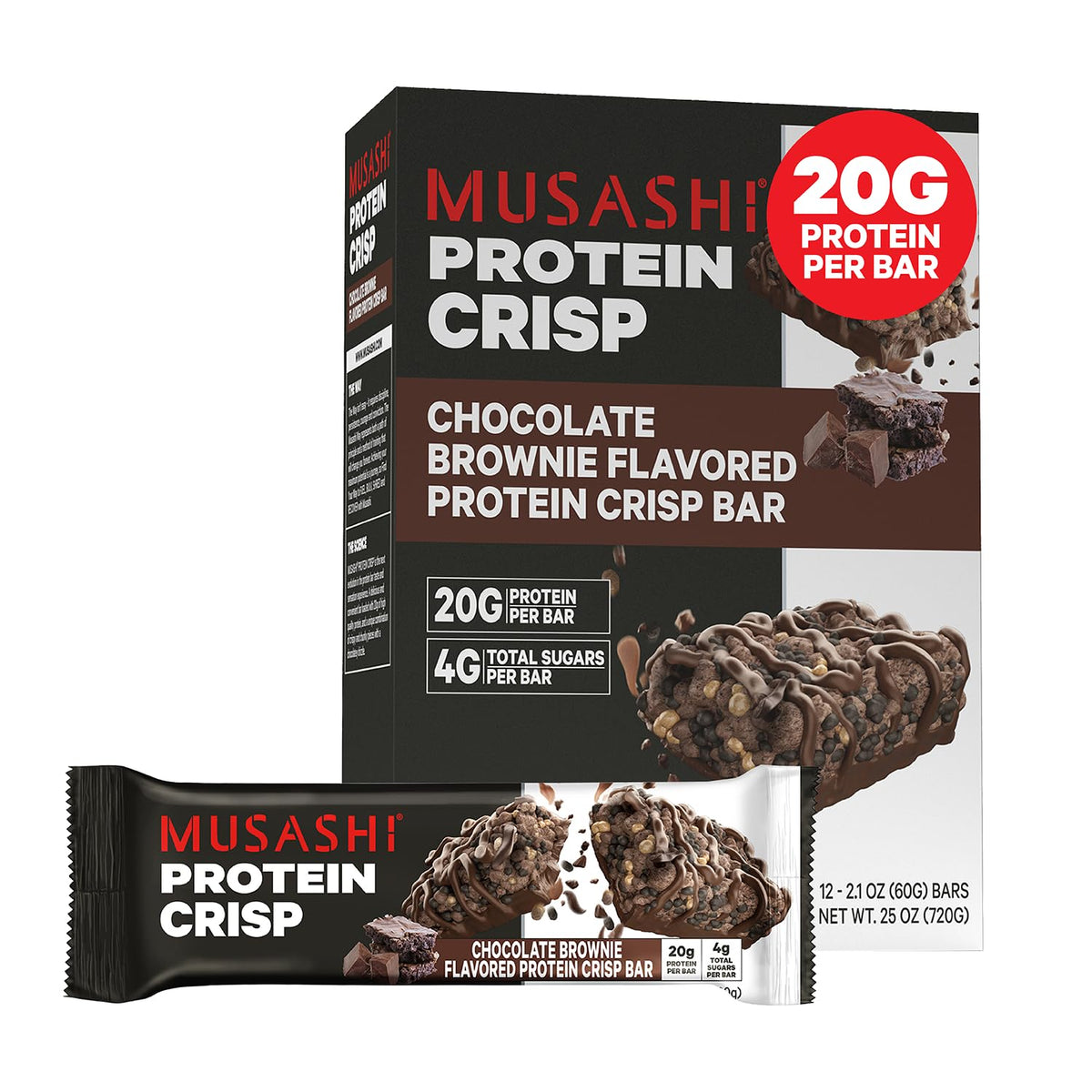 Front view of MUSASHI Protein Crisp Bar Chocolate Brownie 12-pack