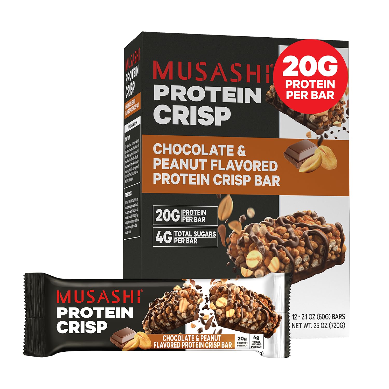 Hero image of Musashi Protein Crisp Bar in chocolate peanut flavor, 12-pack