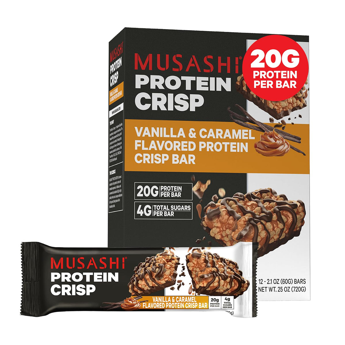 Front view of MUSASHI Protein Crisp Bar Vanilla Caramel 60g 12-pack