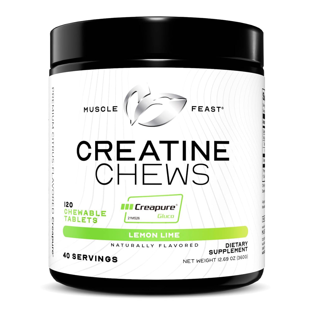 Bottle of Muscle Feast vegan creatine monohydrate lemon lime candy 120 tabs