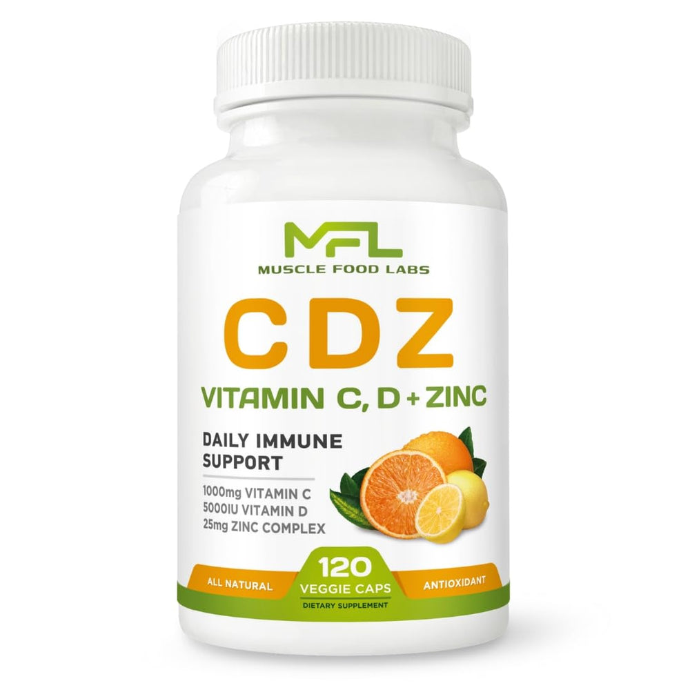 CDZ Vitamin C 1000mg, D3 125mcg, and Zinc 25mg supplement bottle label