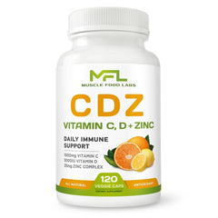 CDZ Vitamin C 1000mg, D3 125mcg, and Zinc 25mg supplement bottle label