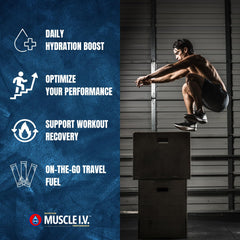 Box of Muscle I.V. Hydration Electrolyte Drink Mix Watermelon Peach with sticks