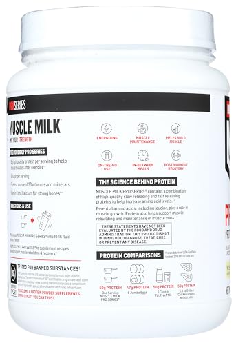 Muscle Milk Pro Series tub front label indicating 50g protein per two scoops