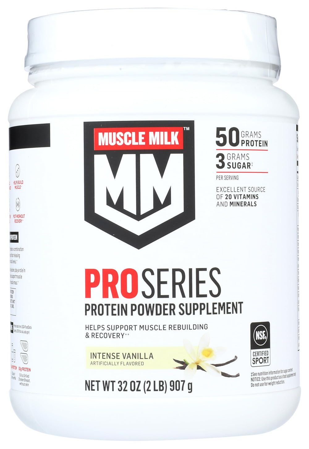 Muscle Milk Pro Series tub with intense vanilla powder for post-workout recovery