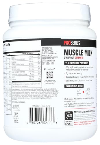 Muscle Milk Pro Series vanilla scoop closeup highlighting serving size