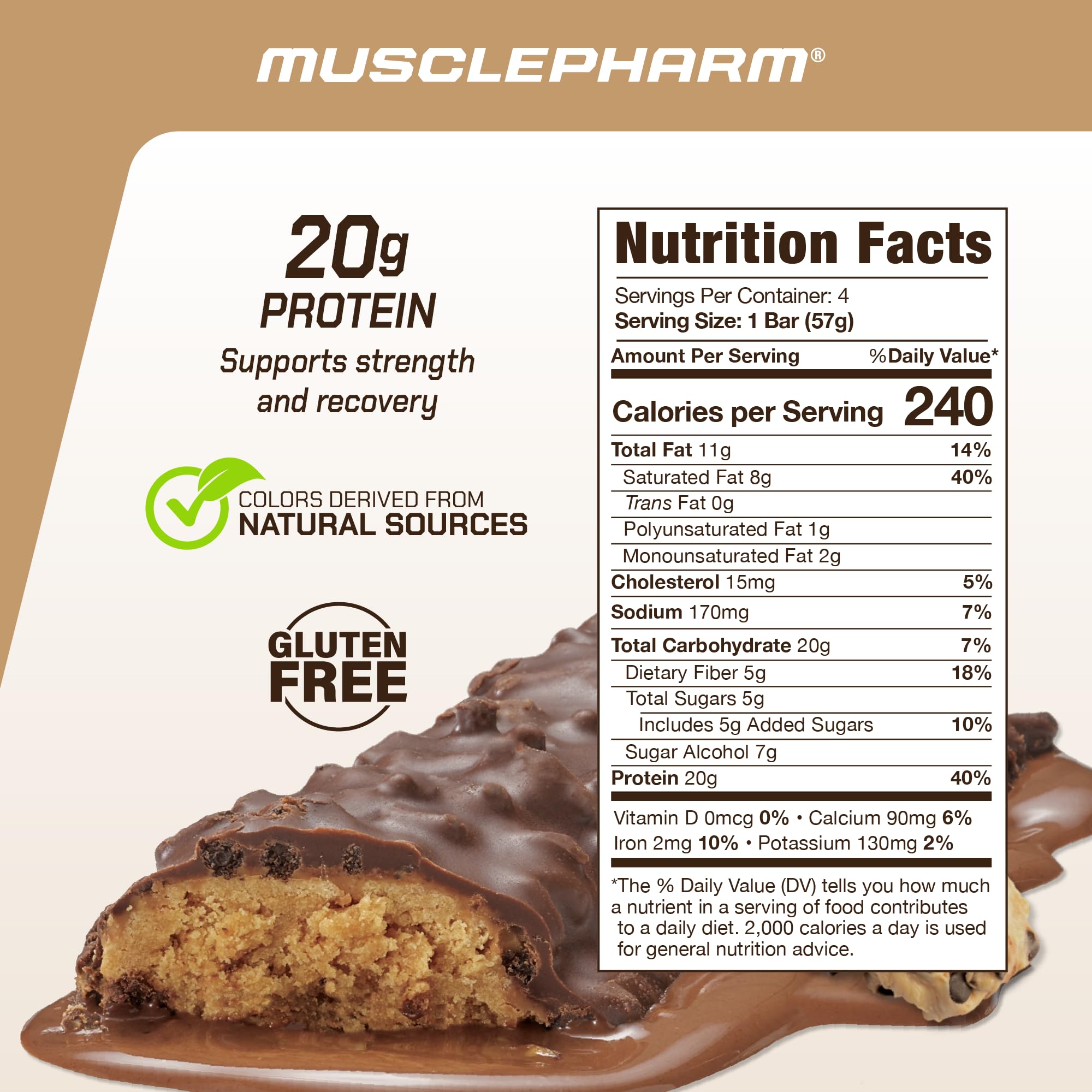MusclePharm Combat Ready bar closeup, chewy texture with chips for recovery snack.