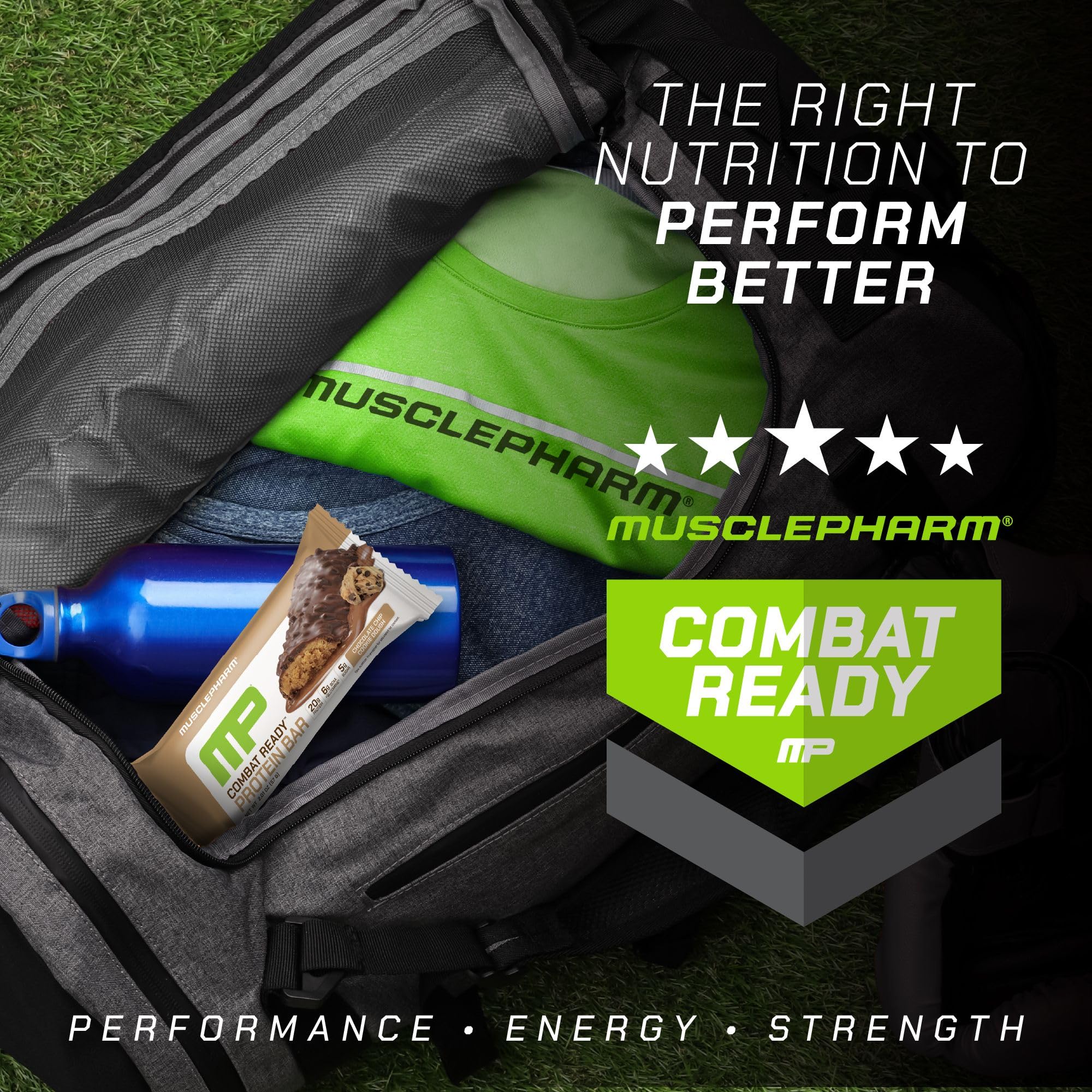 MusclePharm Combat Ready bar foil wrapper visible, ideal for on-the-go fueling.