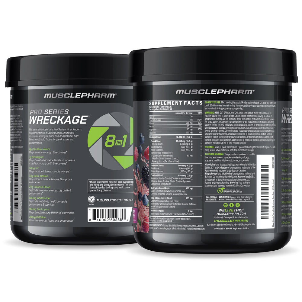 MusclePharm Pro Series Wreckage Sour Berry flavor cue hints at taste potential.