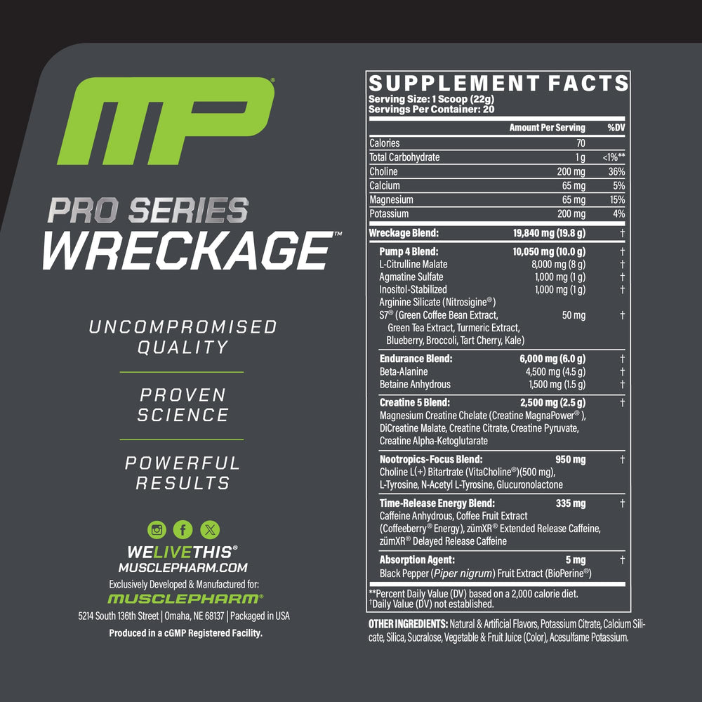 Side view of Wreckage pre-workout label and flavor details